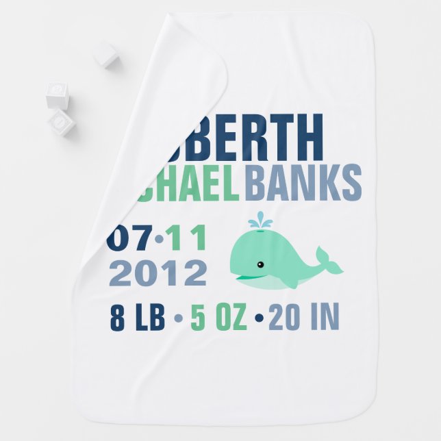 Whimsical Whale Baby Birth Announcement {green} Receiving Blanket (In Situ)
