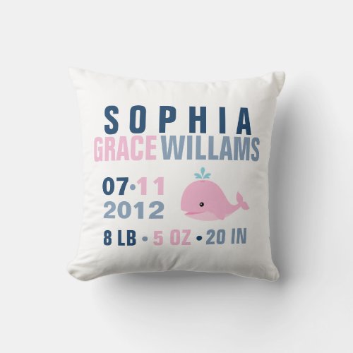 Whimsical Whale Baby Birth Announcement pink Throw Pillow