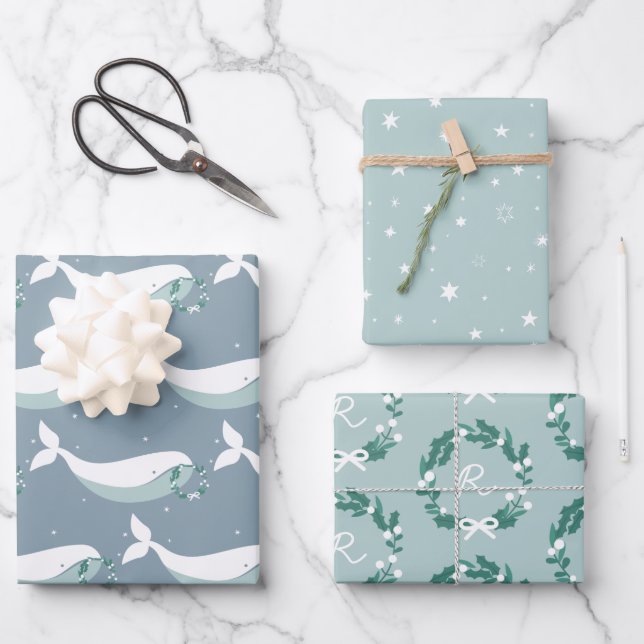 Whimsical Whale Christmas Wrapping Paper Sheets (Front)