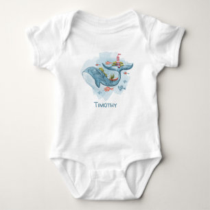 Whimsical Whale Illustration, Fish & Lighthouse Baby Bodysuit