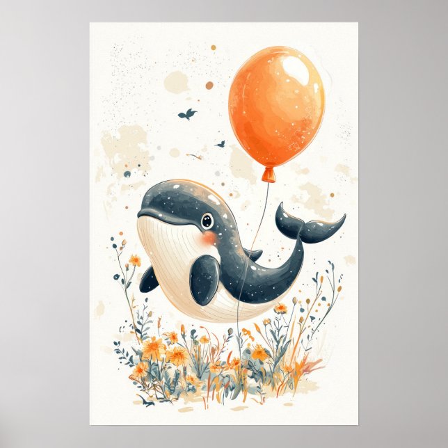 Whimsical Whale Illustration with Orange Balloon A Poster (Front)
