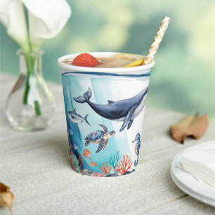 whimsical whale shark turtle fish birthday paper cups