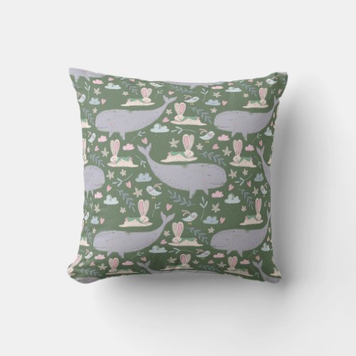 Whimsical whales and bunnies pattern throw pillow