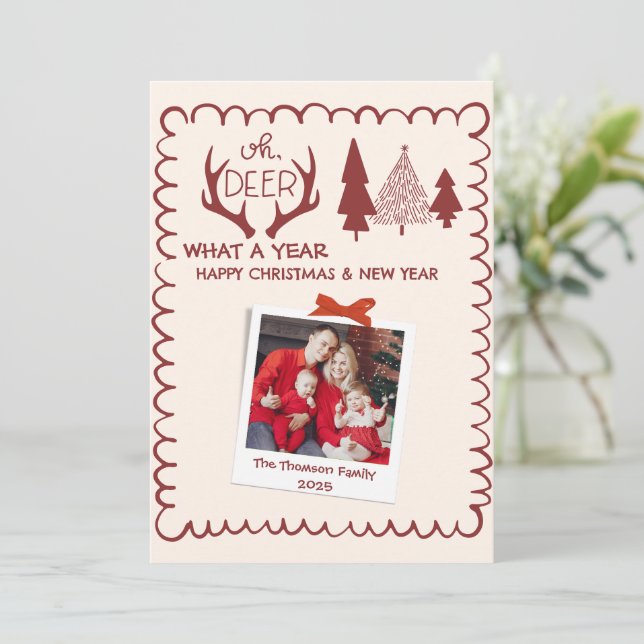 Whimsical What A Year Multi Photo Christmas Red Holiday Card (Standing Front)