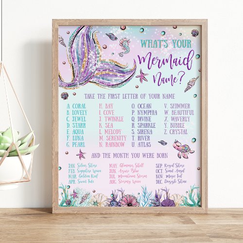 Whimsical Whats Your Mermaid Name Birthday Game  Poster