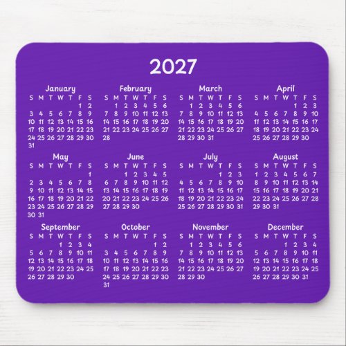 Whimsical White 2027 Calendar on Purple Mouse Pad