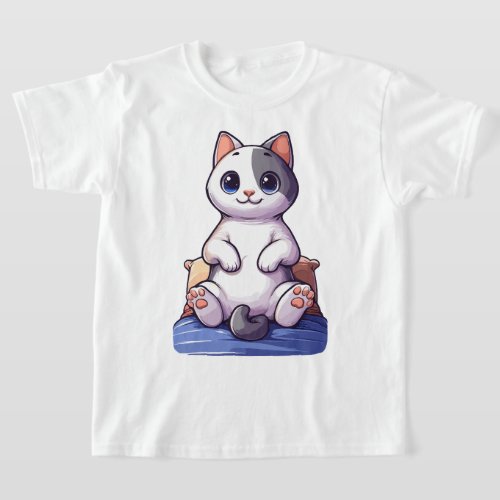 Whimsical White and Gray Cat on Bed _ Playful Kitt T_Shirt