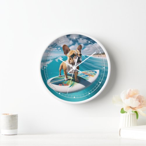 Whimsical White and Tan Surfing French Bulldog Clock