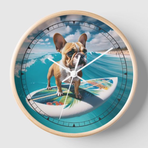 Whimsical White and Tan Surfing French Bulldog Clock