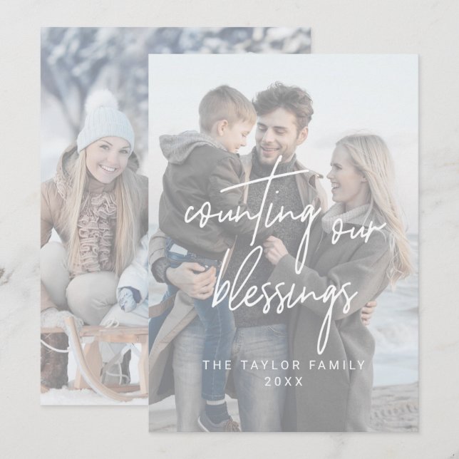 Whimsical White Blessings 2 Vertical Photos Holiday Card (Front/Back)