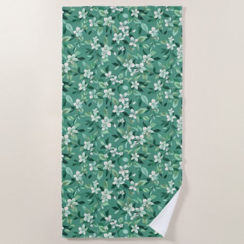 Whimsical White Blossoms on Teal Beach Towel