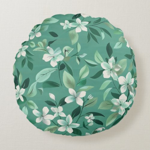 Whimsical White Blossoms on Teal Round Pillow