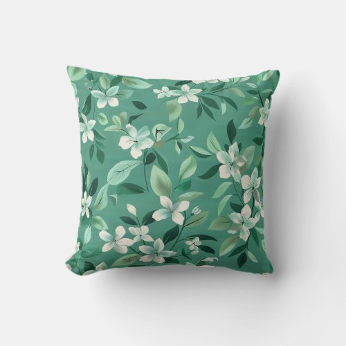 Whimsical White Blossoms on Teal Throw Pillow