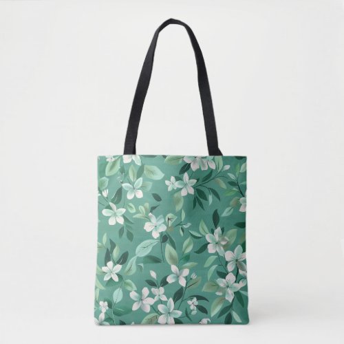 Whimsical White Blossoms on Teal Tote Bag