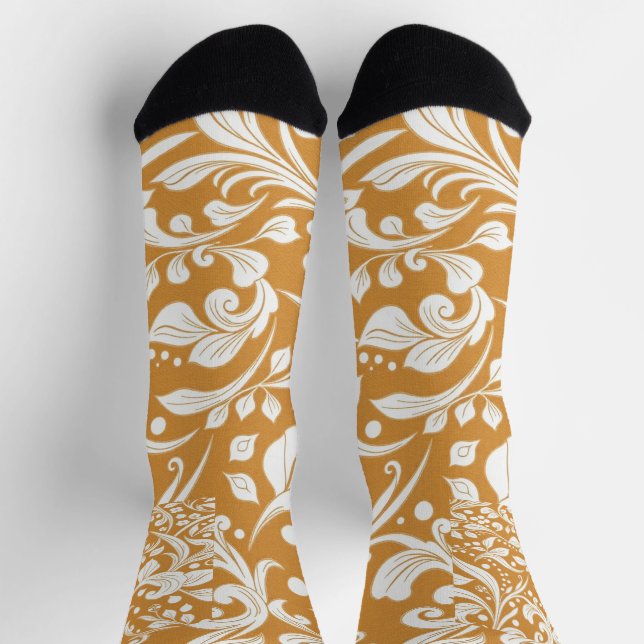 Whimsical White Bohemian Swirl Pattern on Ochre Socks (Top)
