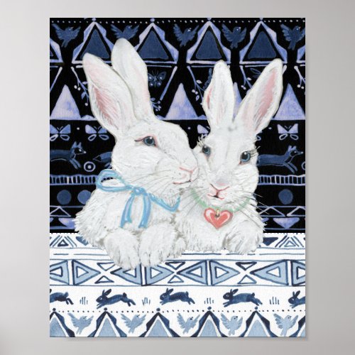 Whimsical White Bunny Rabbit Blue Ikat Folk Design Poster