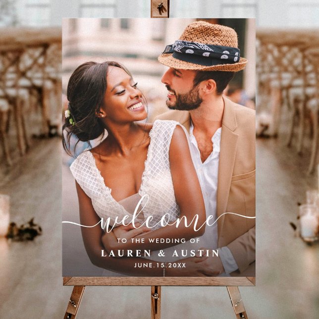 Whimsical White Calligraphy Photo Wedding Welcome Canvas Print (Creator Uploaded)