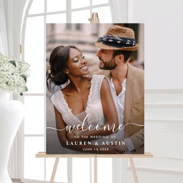 Whimsical White Calligraphy Photo Wedding Welcome  Foam Board (Creator Uploaded)