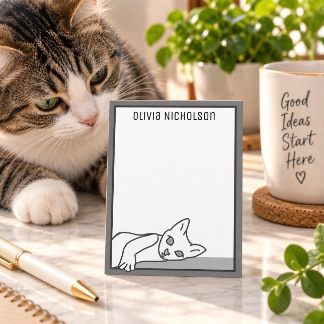 Whimsical White Cat Doodle Personalized Note Cards (Creator Uploaded)