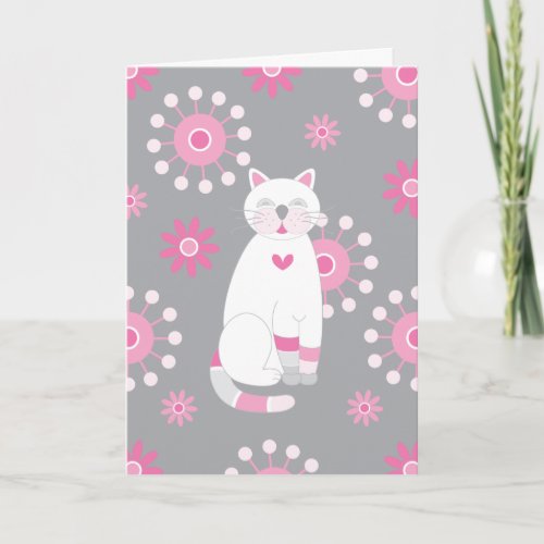 Whimsical White Cat Flowers Birthday Card