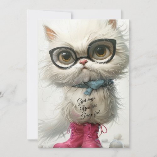 Whimsical White Cat God Says You Are Purr_fect  Holiday Card