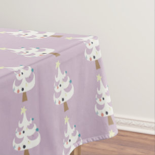 Whimsical White Christmas Trees on Purple Tablecloth