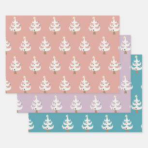Whimsical White Christmas Trees Trio Wrapping Paper Sheets