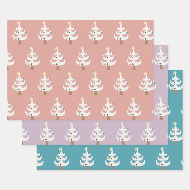Whimsical White Christmas Trees Trio Wrapping Paper Sheets (Set)