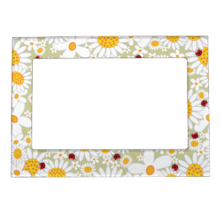 Whimsical White Daisies Flowers Red Ladybugs Cute  Magnetic Picture Frame