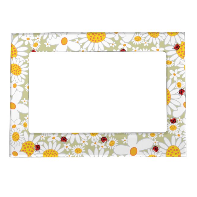 Whimsical White Daisies Flowers Red Ladybugs Cute  Magnetic Picture Frame (Front)