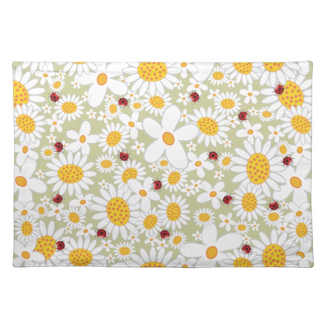 Whimsical White Daisies Flowers Red Ladybugs Cute Placemat (Front)
