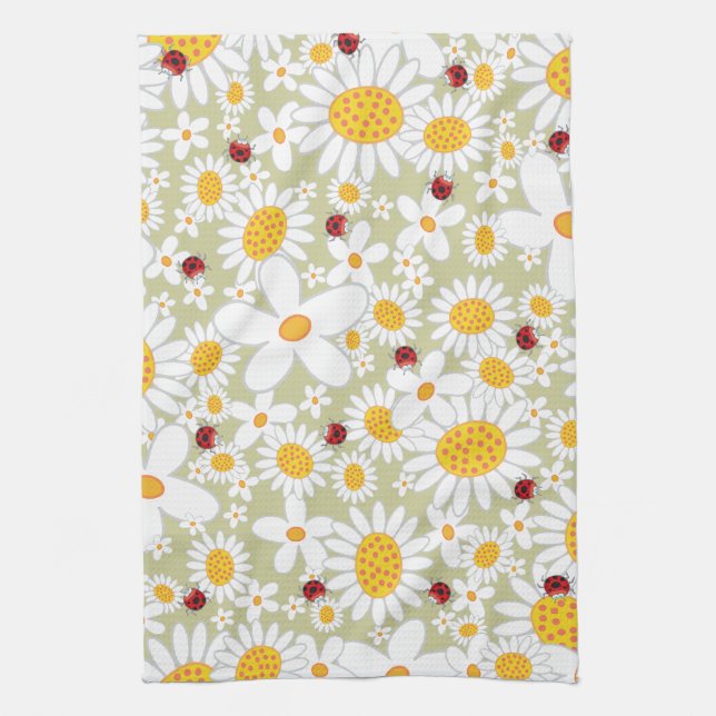 Whimsical White Daisies Flowers Red Ladybugs Cute Towel (Vertical)
