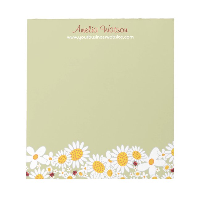 Whimsical White Daisies Ladybugs Flowers Notepad (Front)