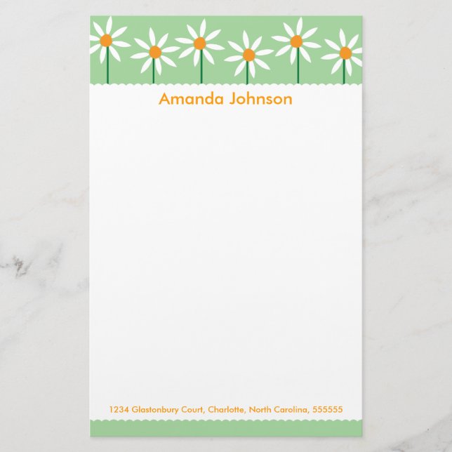 Whimsical White Daisies Personalized Stationery (Front)