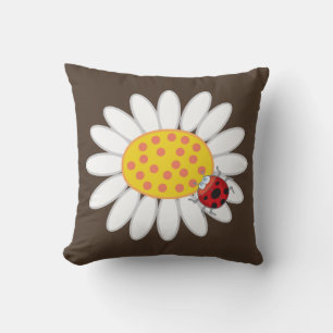 Whimsical White Daisies Red Ladybugs Spring Flower Throw Pillow