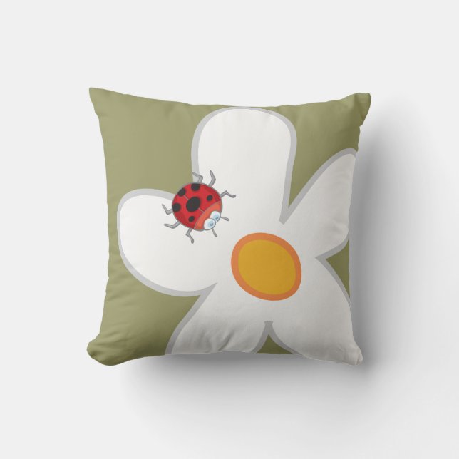 Whimsical White Daisies Red Ladybugs Spring Flower Throw Pillow (Front)