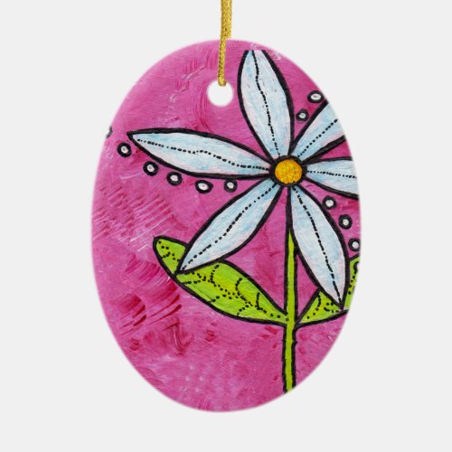 Whimsical White Daisy Flower on Stem Bright Pink Ceramic Ornament