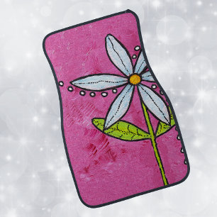 Whimsical White Daisy Flower Pink Car Floor Mat