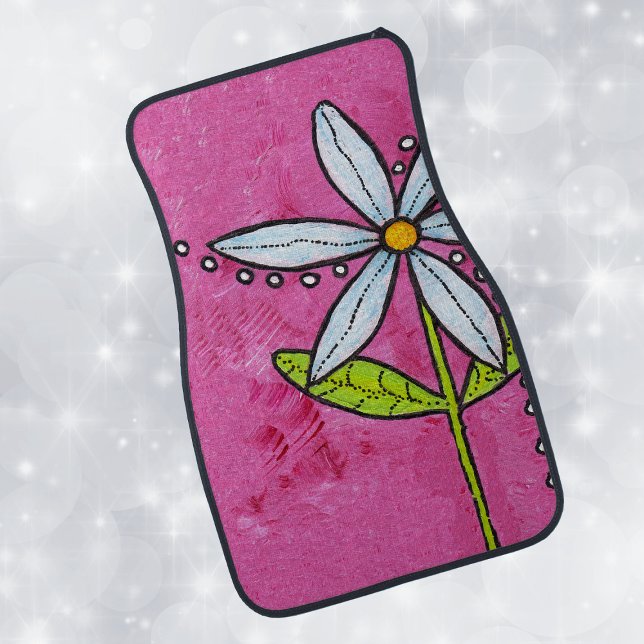 Whimsical White Daisy Flower Pink Car Floor Mat (Bright white daisy green leaves stem white dots on vibrant pink front car mat.)