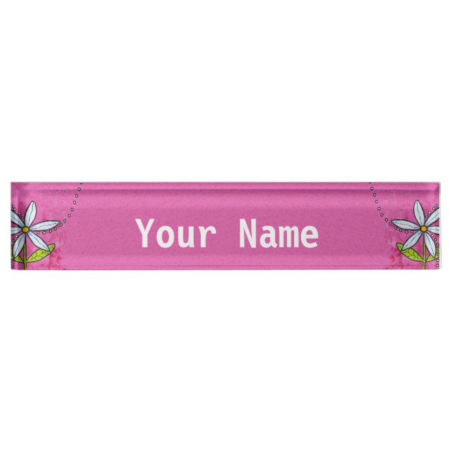 Whimsical White Daisy Flower Pink Desk Name Plate (Front)