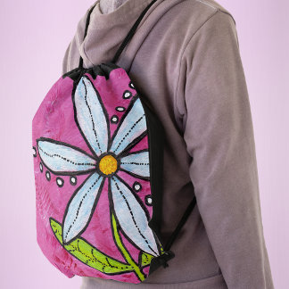 Whimsical White Daisy Flower Pink Drawstring Bag