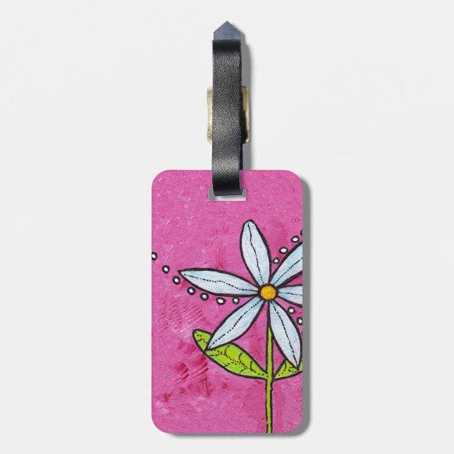 Whimsical White Daisy Flower Pink Luggage Tag (Back Vertical)