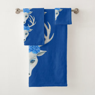 Whimsical White Deer Head Antlers Pretty Blue Rose Bath Towel Set