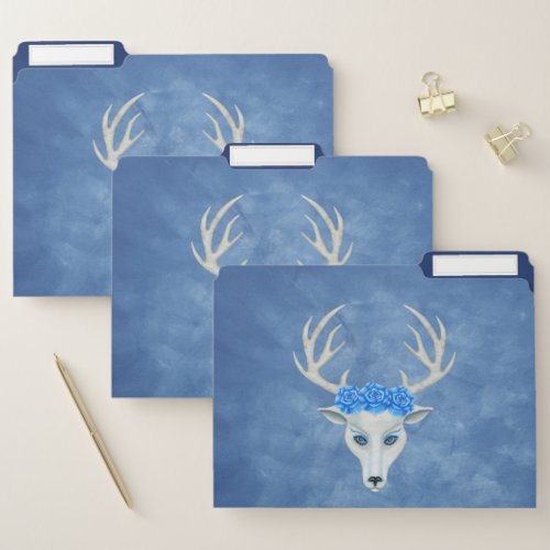 Whimsical White Deer head With Antlers Roses Blue File Folder