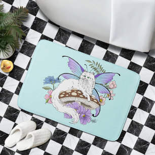 Whimsical White Fairy Cat Blue Mushroom Fantasy Bath Mat