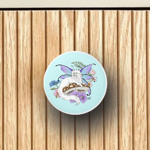 Whimsical White Fairy Cat Blue Mushroom Fantasy Ceramic Knob