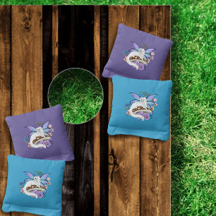 Whimsical White Fairy Cat Blue Mushroom Fantasy Cornhole Bags