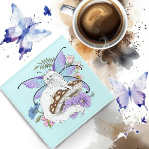 Whimsical White Fairy Cat Blue Mushroom Fantasy Glass Coaster