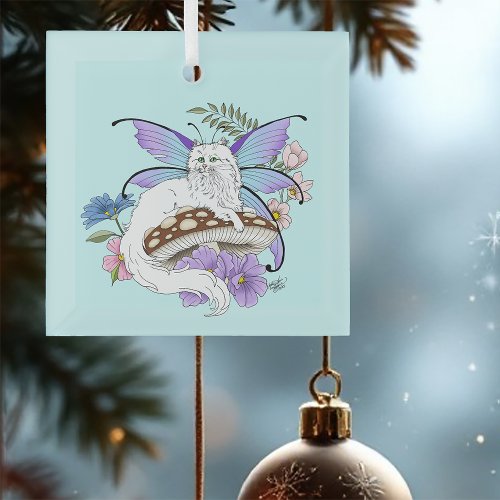 Whimsical White Fairy Cat Blue Mushroom Fantasy Glass Ornament