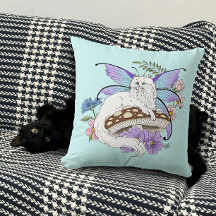 Whimsical White Fairy Cat Blue Mushroom Fantasy Throw Pillow